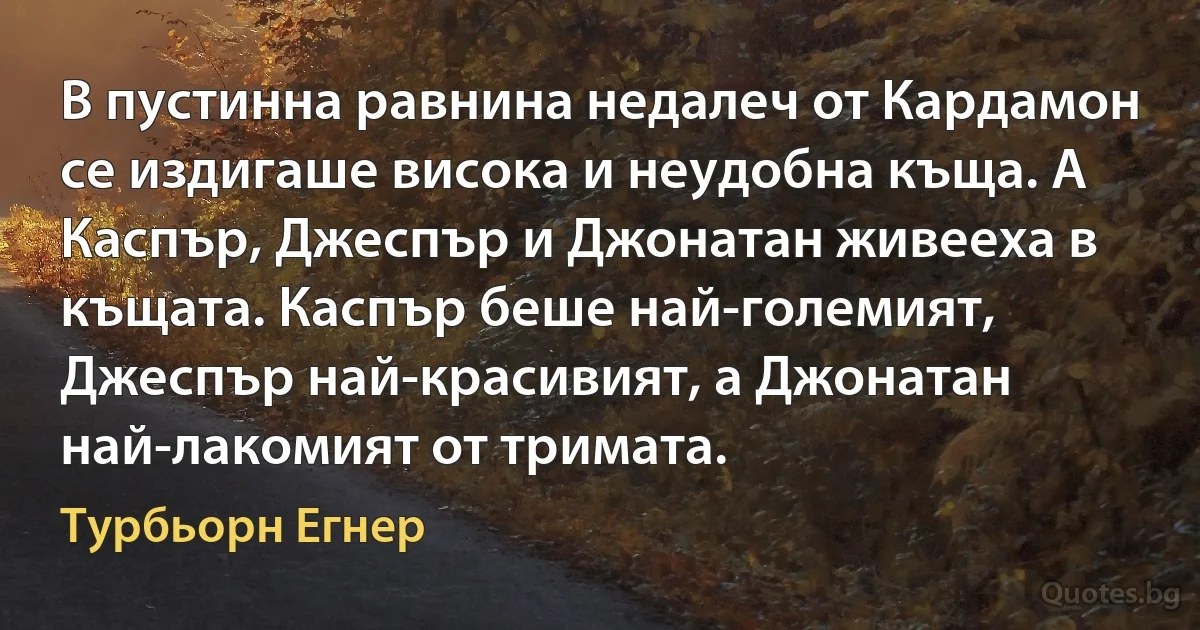 В пустинна равнина недалеч от Кардамон се издигаше висока и неудобна къща. А Каспър, Джеспър и Джонатан живееха в къщата. Каспър беше най-големият, Джеспър най-красивият, а Джонатан най-лакомият от тримата. (Турбьорн Егнер)