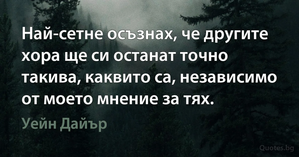 Най-сетне осъзнах, че другите хора ще си останат точно такива, каквито са, независимо от моето мнение за тях. (Уейн Дайър)