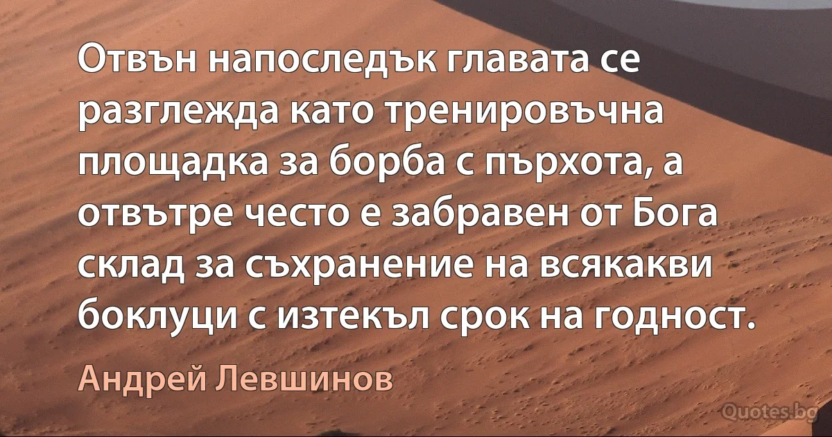 Отвън напоследък главата се разглежда като тренировъчна площадка за борба с пърхота, а отвътре често е забравен от Бога склад за съхранение на всякакви боклуци с изтекъл срок на годност. (Андрей Левшинов)