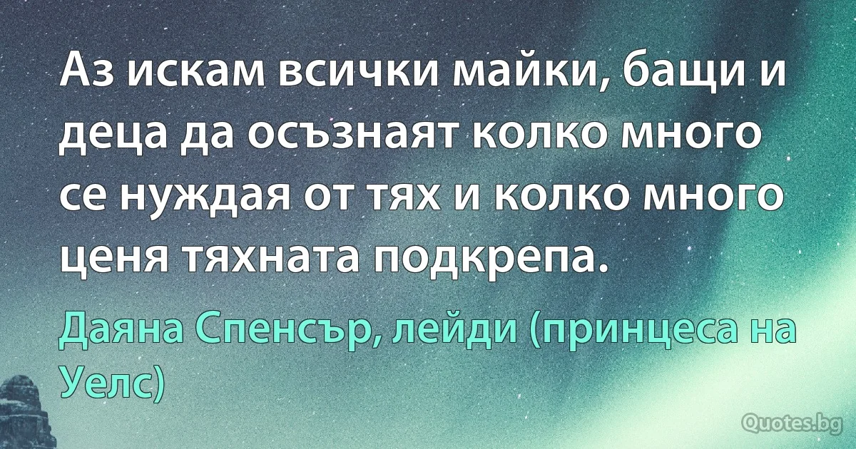 Аз искам всички майки, бащи и деца да осъзнаят колко много се нуждая от тях и колко много ценя тяхната подкрепа. (Даяна Спенсър, лейди (принцеса на Уелс))