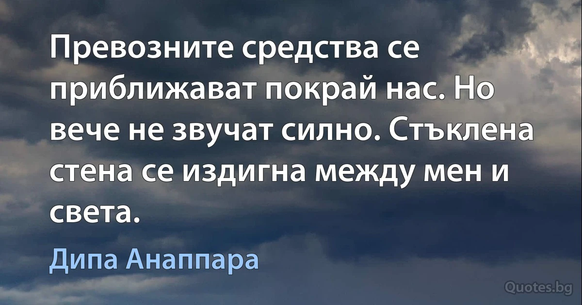 Превозните средства се приближават покрай нас. Но вече не звучат силно. Стъклена стена се издигна между мен и света. (Дипа Анаппара)