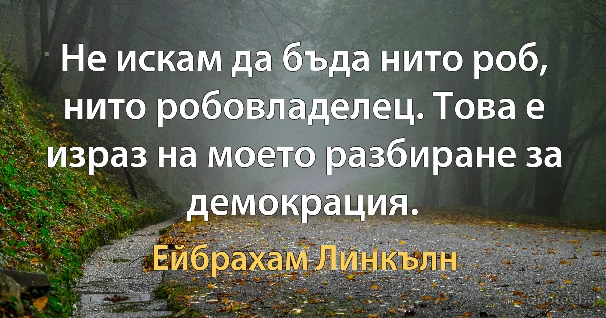 Не искам да бъда нито роб, нито робовладелец. Това е израз на моето разбиране за демокрация. (Ейбрахам Линкълн)