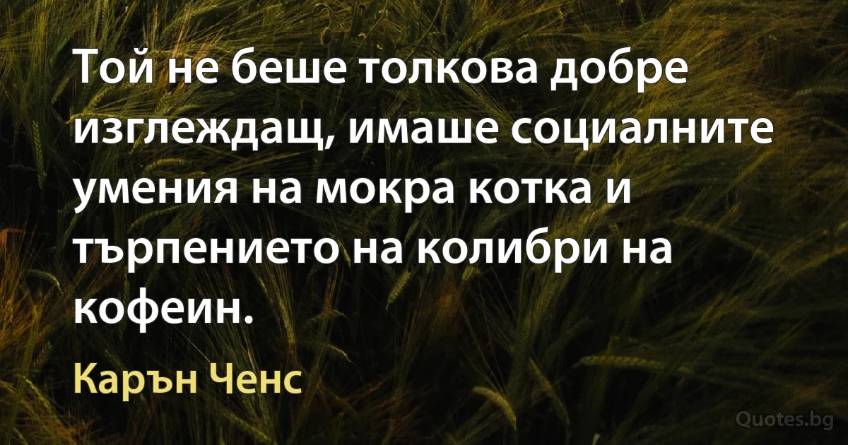 Той не беше толкова добре изглеждащ, имаше социалните умения на мокра котка и търпението на колибри на кофеин. (Карън Ченс)