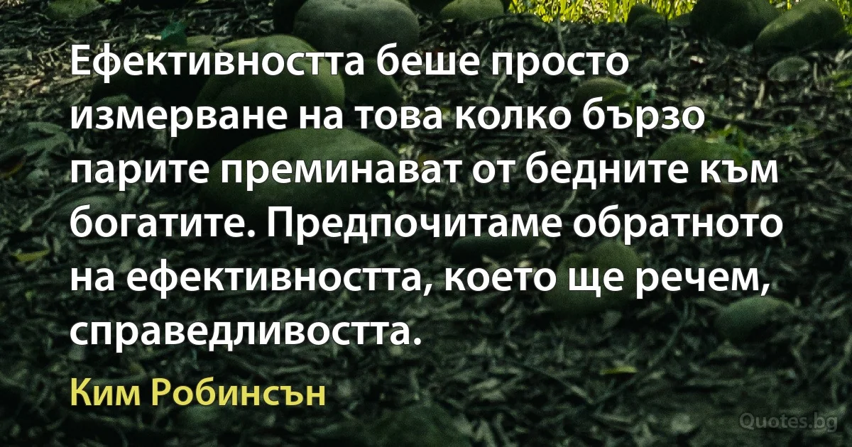 Ефективността беше просто измерване на това колко бързо парите преминават от бедните към богатите. Предпочитаме обратното на ефективността, което ще речем, справедливостта. (Ким Робинсън)