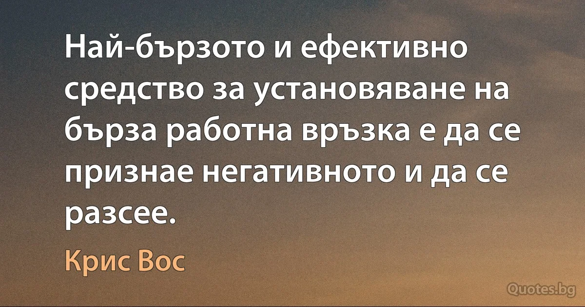 Най-бързото и ефективно средство за установяване на бърза работна връзка е да се признае негативното и да се разсее. (Крис Вос)