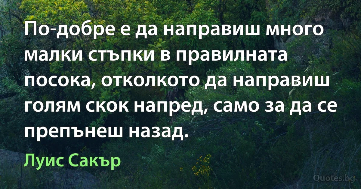 По-добре е да направиш много малки стъпки в правилната посока, отколкото да направиш голям скок напред, само за да се препънеш назад. (Луис Сакър)