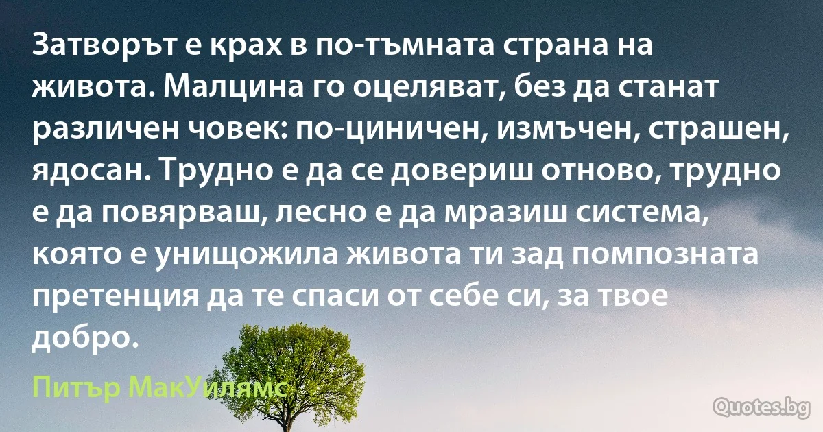 Затворът е крах в по-тъмната страна на живота. Малцина го оцеляват, без да станат различен човек: по-циничен, измъчен, страшен, ядосан. Трудно е да се довериш отново, трудно е да повярваш, лесно е да мразиш система, която е унищожила живота ти зад помпозната претенция да те спаси от себе си, за твое добро. (Питър МакУилямс)