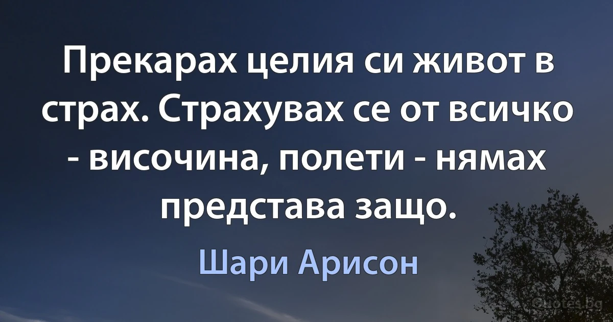 Прекарах целия си живот в страх. Страхувах се от всичко - височина, полети - нямах представа защо. (Шари Арисон)