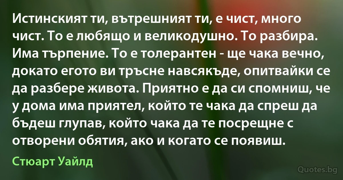 Истинският ти, вътрешният ти, е чист, много чист. То е любящо и великодушно. То разбира. Има търпение. То е толерантен - ще чака вечно, докато егото ви тръсне навсякъде, опитвайки се да разбере живота. Приятно е да си спомниш, че у дома има приятел, който те чака да спреш да бъдеш глупав, който чака да те посрещне с отворени обятия, ако и когато се появиш. (Стюарт Уайлд)