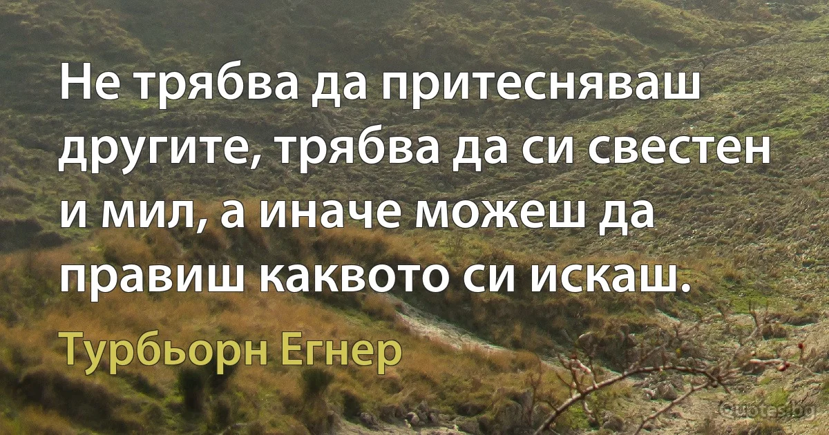 Не трябва да притесняваш другите, трябва да си свестен и мил, а иначе можеш да правиш каквото си искаш. (Турбьорн Егнер)