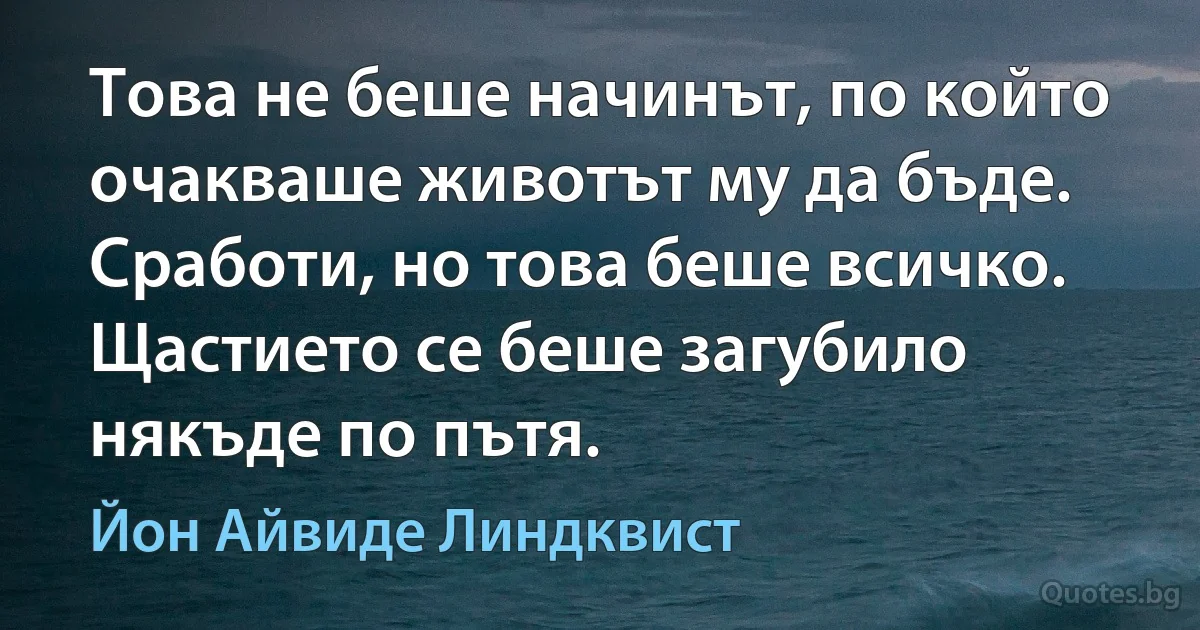 Това не беше начинът, по който очакваше животът му да бъде. Сработи, но това беше всичко. Щастието се беше загубило някъде по пътя. (Йон Айвиде Линдквист)