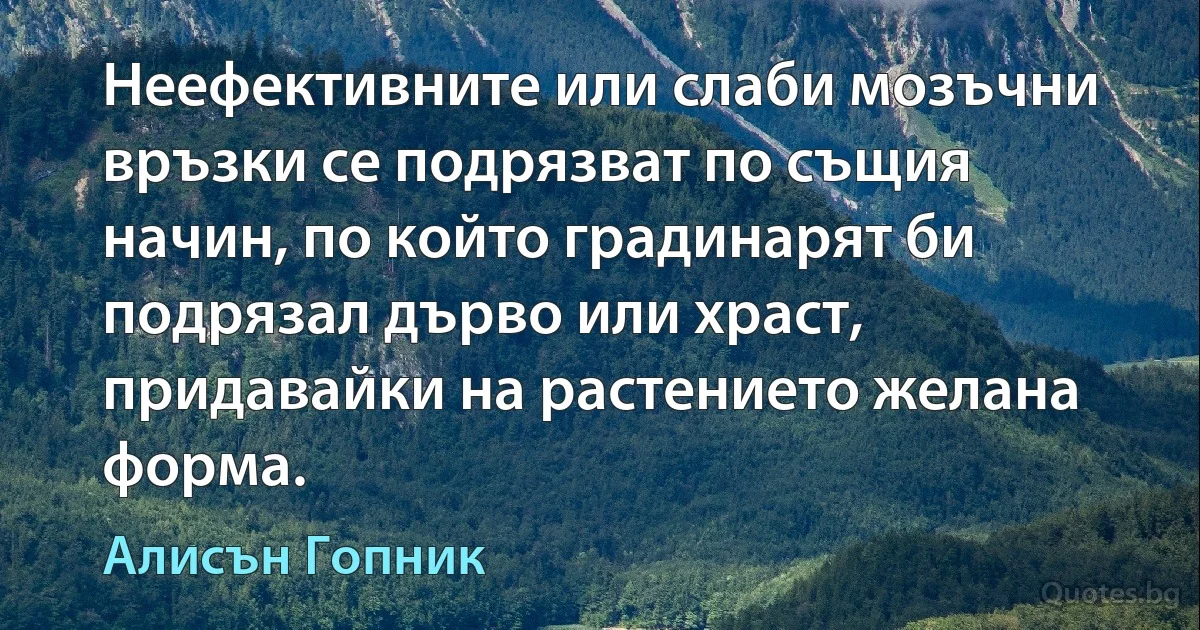 Неефективните или слаби мозъчни връзки се подрязват по същия начин, по който градинарят би подрязал дърво или храст, придавайки на растението желана форма. (Алисън Гопник)