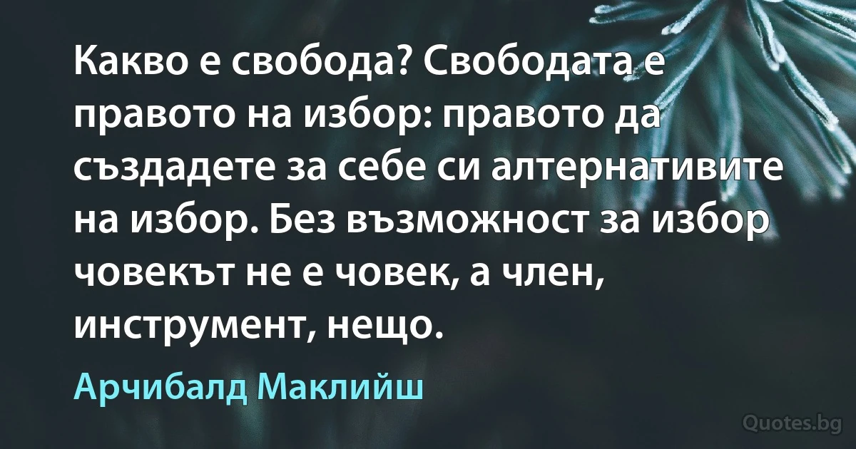 Какво е свобода? Свободата е правото на избор: правото да създадете за себе си алтернативите на избор. Без възможност за избор човекът не е човек, а член, инструмент, нещо. (Арчибалд Маклийш)