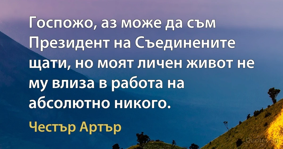 Госпожо, аз може да съм Президент на Съединените щати, но моят личен живот не му влиза в работа на абсолютно никого. (Честър Артър)