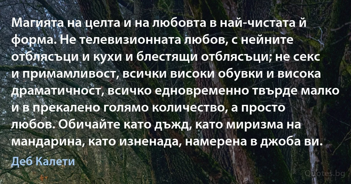 Магията на целта и на любовта в най-чистата й форма. Не телевизионната любов, с нейните отблясъци и кухи и блестящи отблясъци; не секс и примамливост, всички високи обувки и висока драматичност, всичко едновременно твърде малко и в прекалено голямо количество, а просто любов. Обичайте като дъжд, като миризма на мандарина, като изненада, намерена в джоба ви. (Деб Калети)