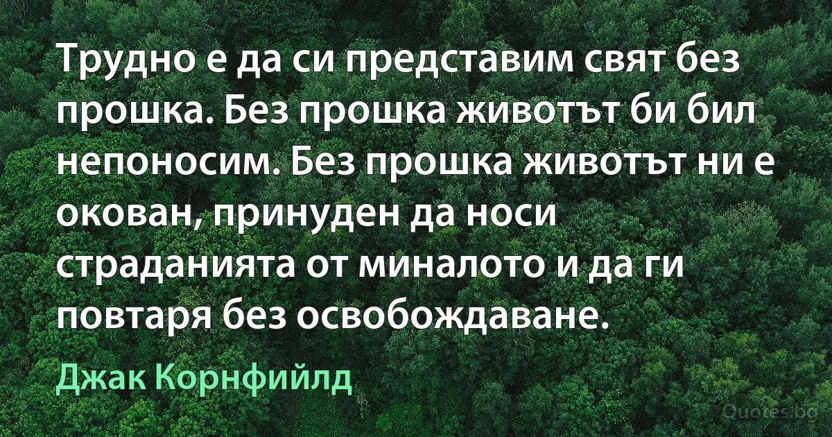 Трудно е да си представим свят без прошка. Без прошка животът би бил непоносим. Без прошка животът ни е окован, принуден да носи страданията от миналото и да ги повтаря без освобождаване. (Джак Корнфийлд)