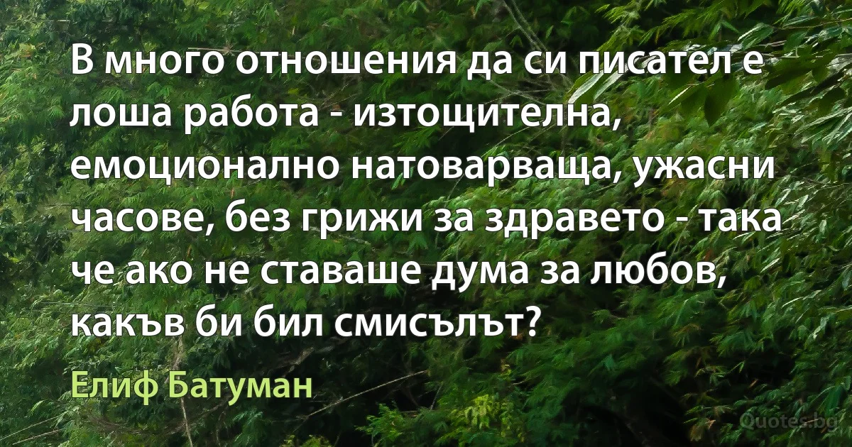 В много отношения да си писател е лоша работа - изтощителна, емоционално натоварваща, ужасни часове, без грижи за здравето - така че ако не ставаше дума за любов, какъв би бил смисълът? (Елиф Батуман)