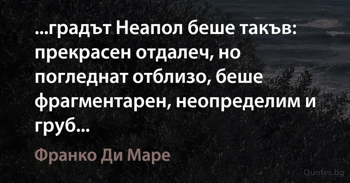 ...градът Неапол беше такъв: прекрасен отдалеч, но погледнат отблизо, беше фрагментарен, неопределим и груб... (Франко Ди Маре)