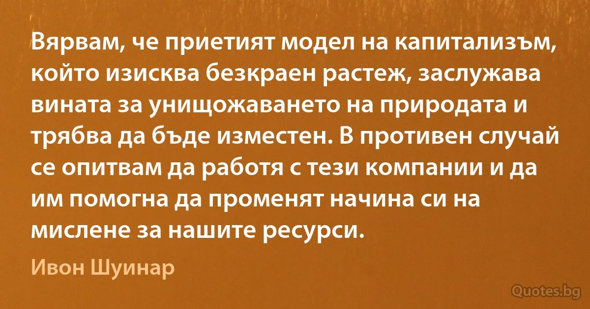 Вярвам, че приетият модел на капитализъм, който изисква безкраен растеж, заслужава вината за унищожаването на природата и трябва да бъде изместен. В противен случай се опитвам да работя с тези компании и да им помогна да променят начина си на мислене за нашите ресурси. (Ивон Шуинар)