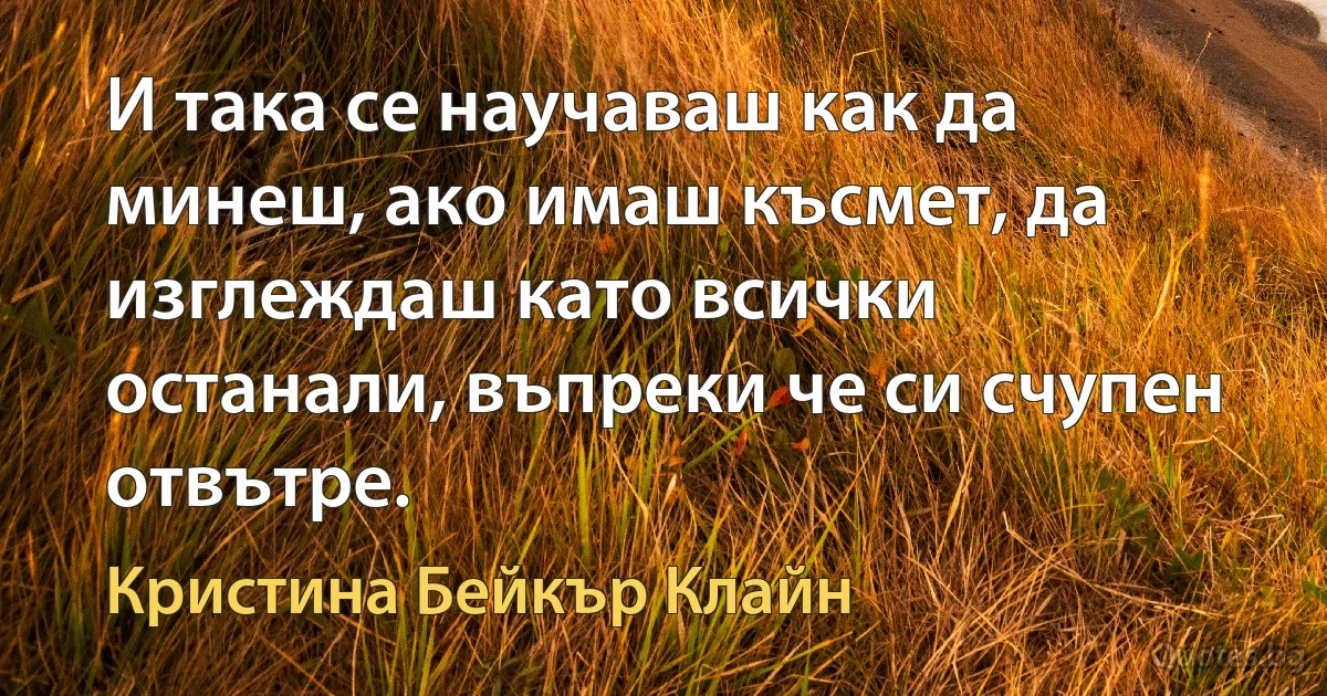 И така се научаваш как да минеш, ако имаш късмет, да изглеждаш като всички останали, въпреки че си счупен отвътре. (Кристина Бейкър Клайн)