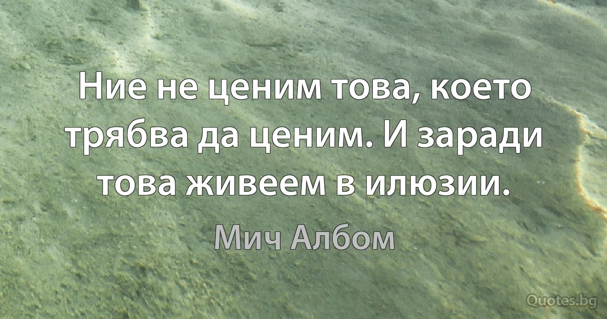 Ние не ценим това, което трябва да ценим. И заради това живеем в илюзии. (Мич Албом)