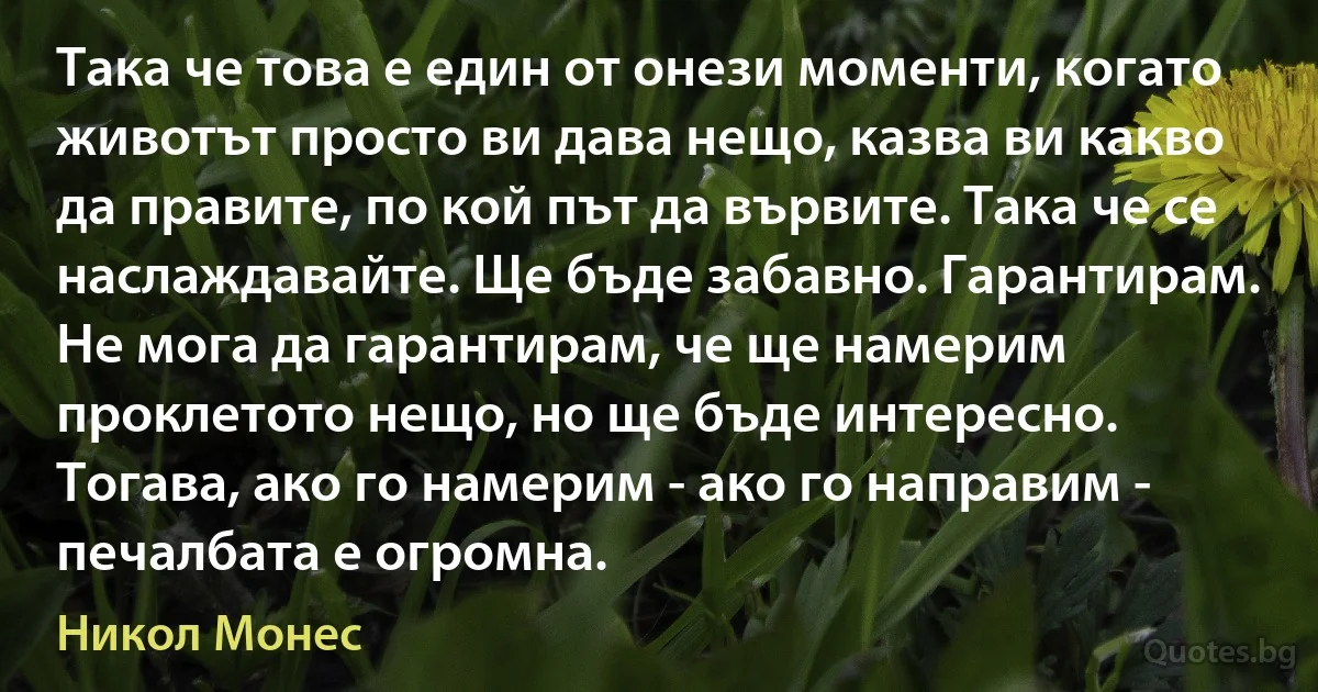 Така че това е един от онези моменти, когато животът просто ви дава нещо, казва ви какво да правите, по кой път да вървите. Така че се наслаждавайте. Ще бъде забавно. Гарантирам. Не мога да гарантирам, че ще намерим проклетото нещо, но ще бъде интересно. Тогава, ако го намерим - ако го направим - печалбата е огромна. (Никол Монес)