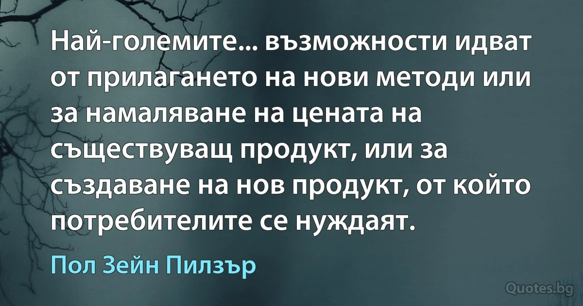 Най-големите... възможности идват от прилагането на нови методи или за намаляване на цената на съществуващ продукт, или за създаване на нов продукт, от който потребителите се нуждаят. (Пол Зейн Пилзър)