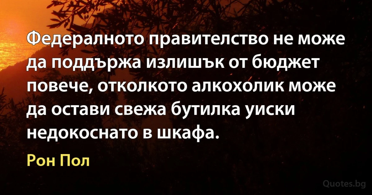 Федералното правителство не може да поддържа излишък от бюджет повече, отколкото алкохолик може да остави свежа бутилка уиски недокоснато в шкафа. (Рон Пол)