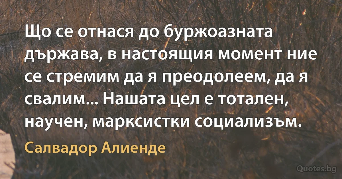 Що се отнася до буржоазната държава, в настоящия момент ние се стремим да я преодолеем, да я свалим... Нашата цел е тотален, научен, марксистки социализъм. (Салвадор Алиенде)