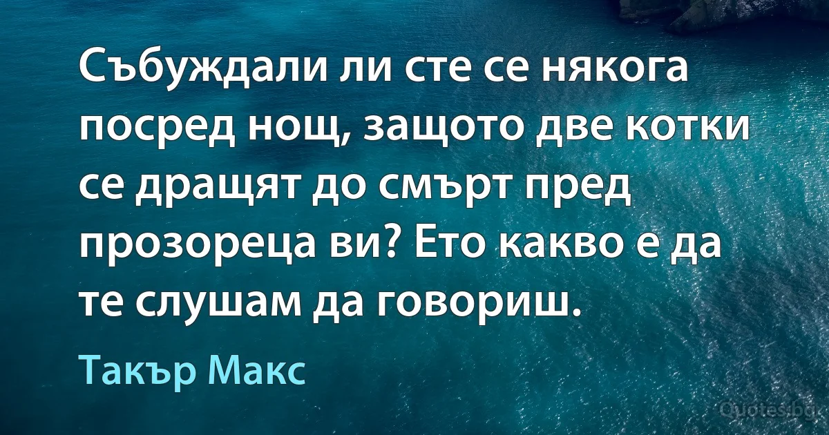 Събуждали ли сте се някога посред нощ, защото две котки се дращят до смърт пред прозореца ви? Ето какво е да те слушам да говориш. (Такър Макс)