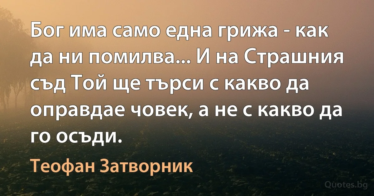 Бог има само една грижа - как да ни помилва... И на Страшния съд Той ще търси с какво да оправдае човек, а не с какво да го осъди. (Теофан Затворник)