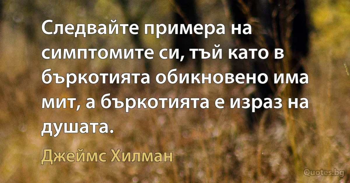 Следвайте примера на симптомите си, тъй като в бъркотията обикновено има мит, а бъркотията е израз на душата. (Джеймс Хилман)