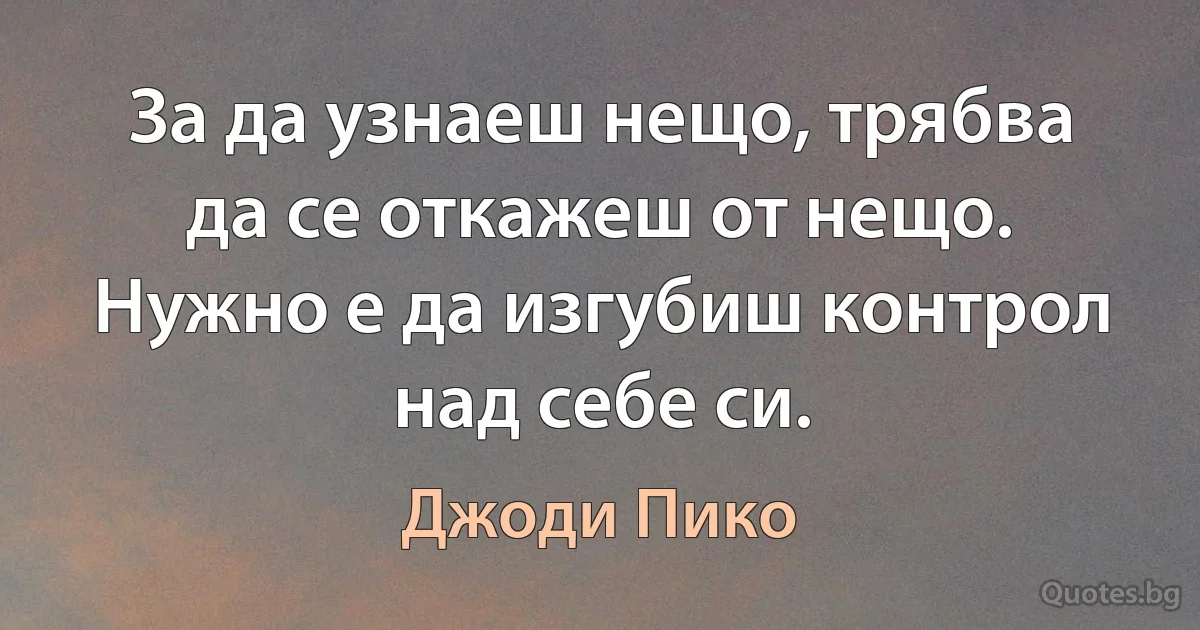 За да узнаеш нещо, трябва да се откажеш от нещо. Нужно е да изгубиш контрол над себе си. (Джоди Пико)