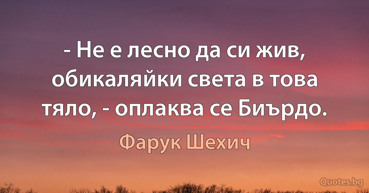 - Не е лесно да си жив, обикаляйки света в това тяло, - оплаква се Биърдо. (Фарук Шехич)