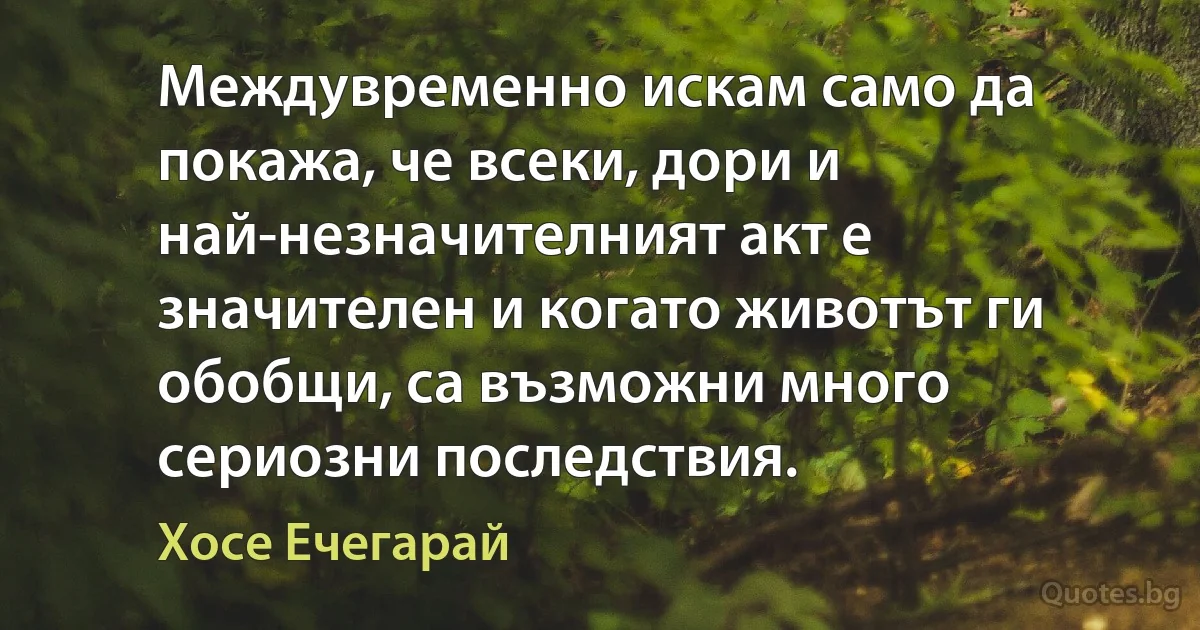 Междувременно искам само да покажа, че всеки, дори и най-незначителният акт е значителен и когато животът ги обобщи, са възможни много сериозни последствия. (Хосе Ечегарай)