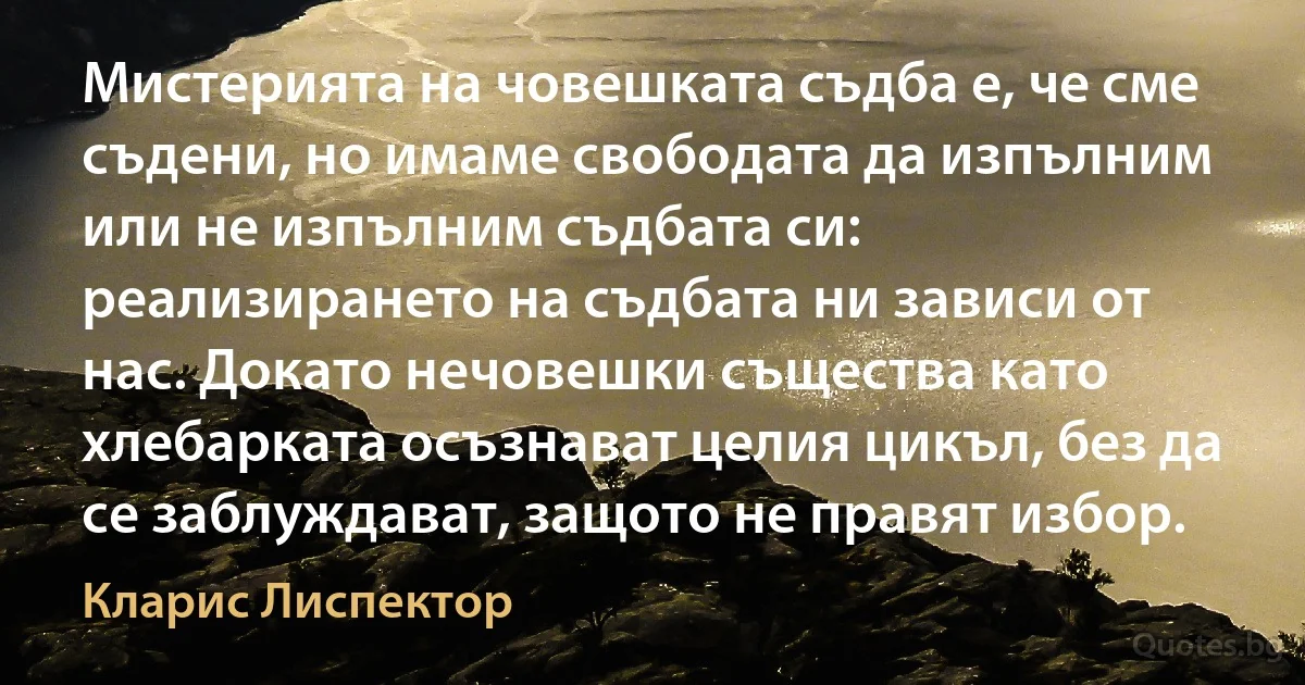 Мистерията на човешката съдба е, че сме съдени, но имаме свободата да изпълним или не изпълним съдбата си: реализирането на съдбата ни зависи от нас. Докато нечовешки същества като хлебарката осъзнават целия цикъл, без да се заблуждават, защото не правят избор. (Кларис Лиспектор)