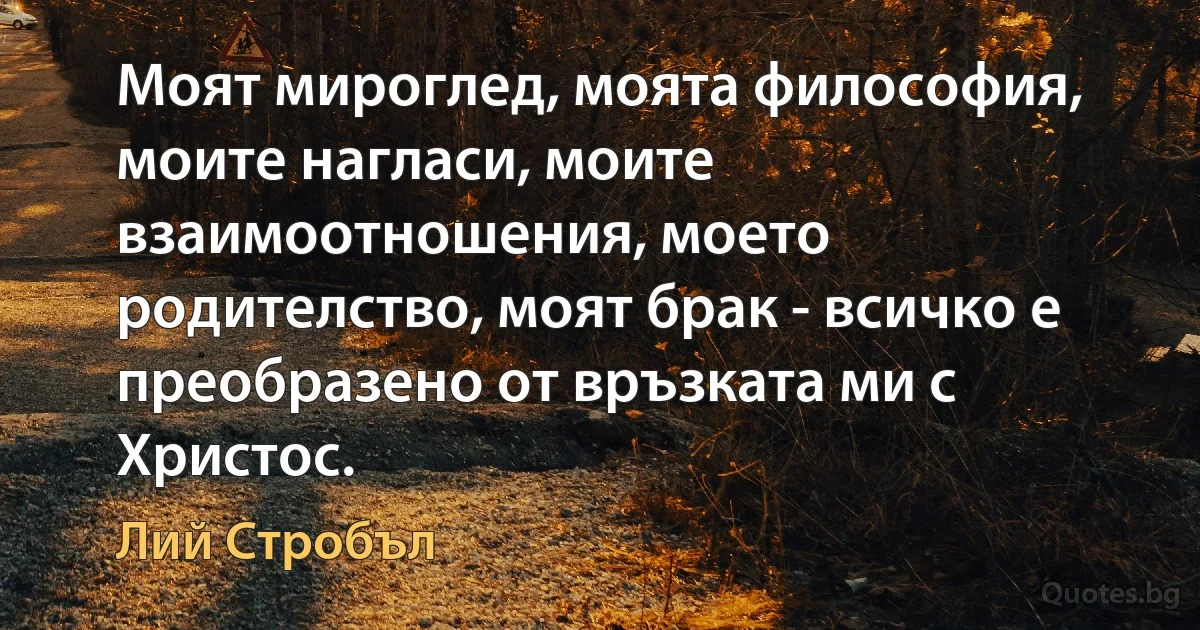 Моят мироглед, моята философия, моите нагласи, моите взаимоотношения, моето родителство, моят брак - всичко е преобразено от връзката ми с Христос. (Лий Стробъл)