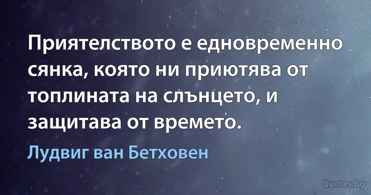 Приятелството е едновременно сянка, която ни приютява от топлината на слънцето, и защитава от времето. (Лудвиг ван Бетховен)