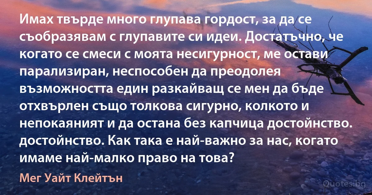 Имах твърде много глупава гордост, за да се съобразявам с глупавите си идеи. Достатъчно, че когато се смеси с моята несигурност, ме остави парализиран, неспособен да преодолея възможността един разкайващ се мен да бъде отхвърлен също толкова сигурно, колкото и непокаяният и да остана без капчица достойнство. достойнство. Как така е най-важно за нас, когато имаме най-малко право на това? (Мег Уайт Клейтън)