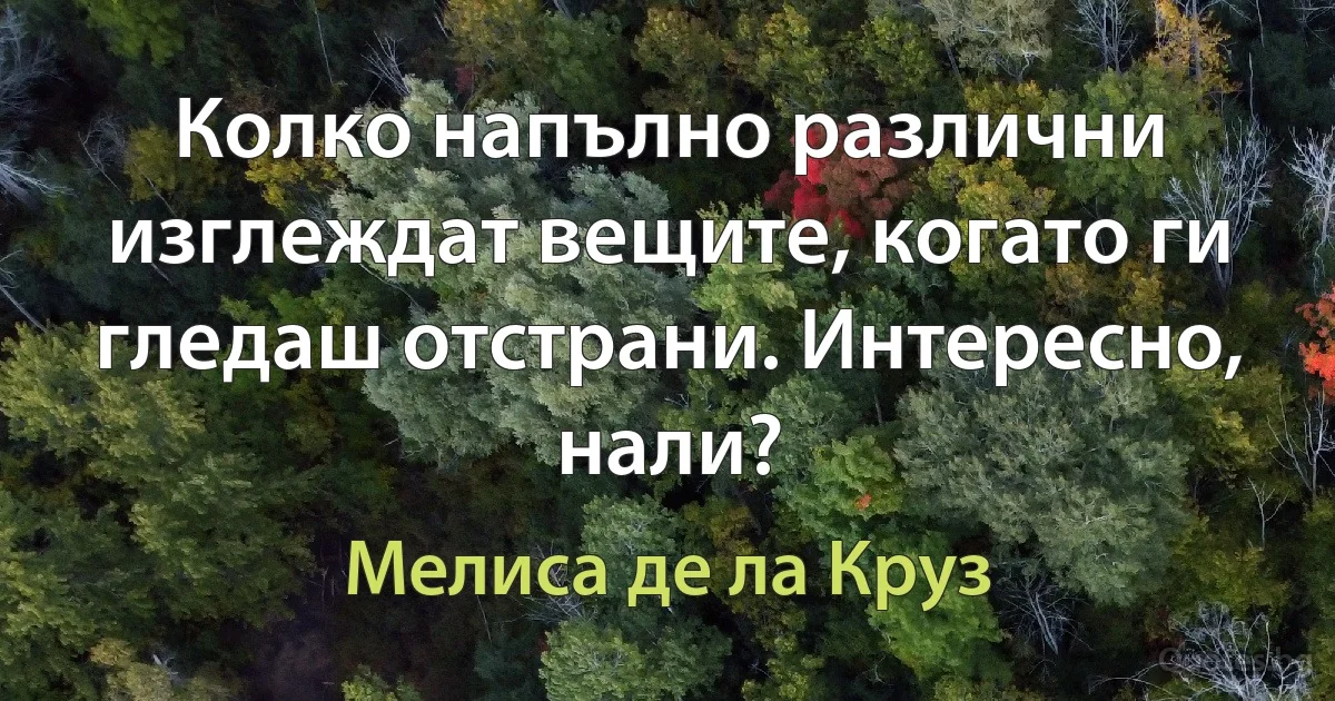 Колко напълно различни изглеждат вещите, когато ги гледаш отстрани. Интересно, нали? (Мелиса де ла Круз)