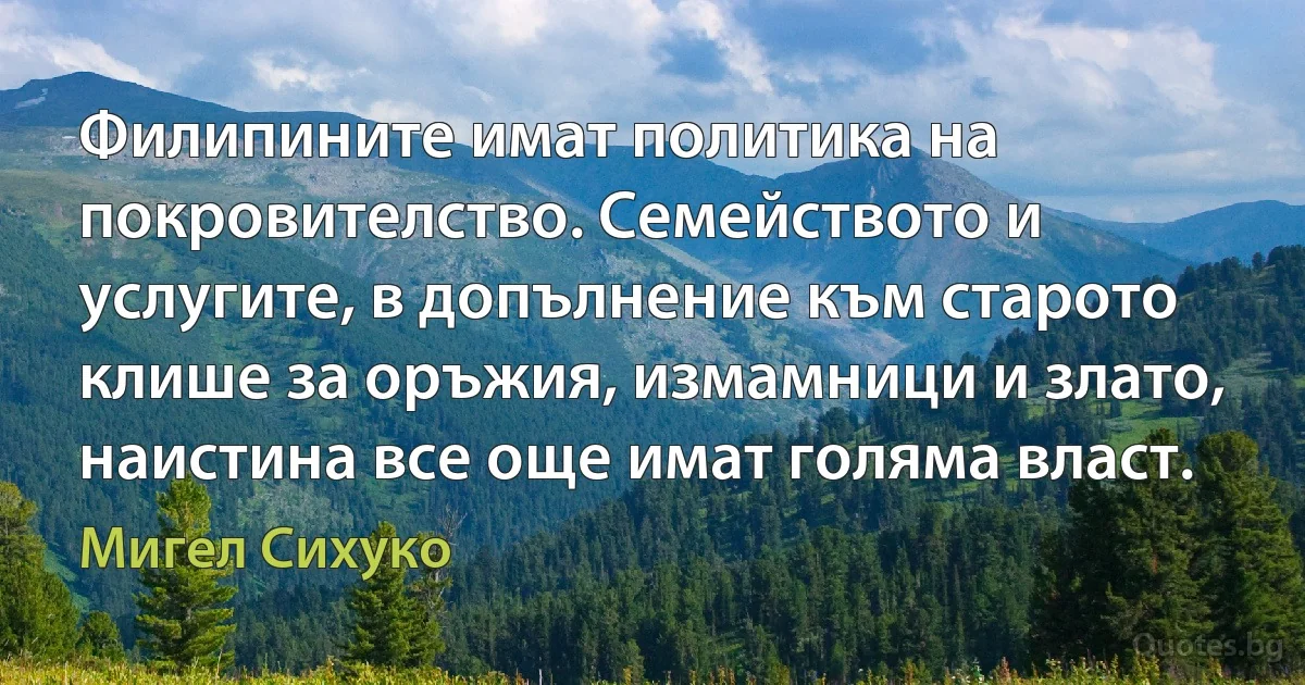 Филипините имат политика на покровителство. Семейството и услугите, в допълнение към старото клише за оръжия, измамници и злато, наистина все още имат голяма власт. (Мигел Сихуко)