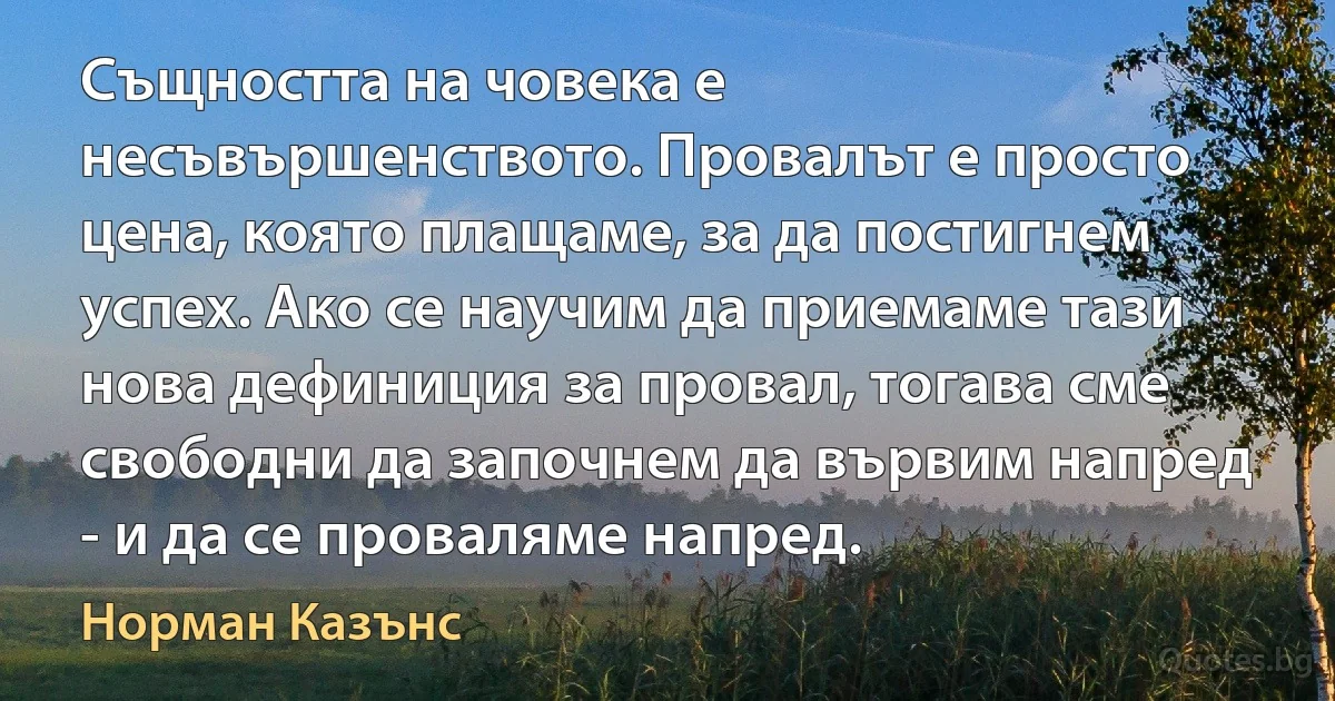 Същността на човека е несъвършенството. Провалът е просто цена, която плащаме, за да постигнем успех. Ако се научим да приемаме тази нова дефиниция за провал, тогава сме свободни да започнем да вървим напред - и да се проваляме напред. (Норман Казънс)