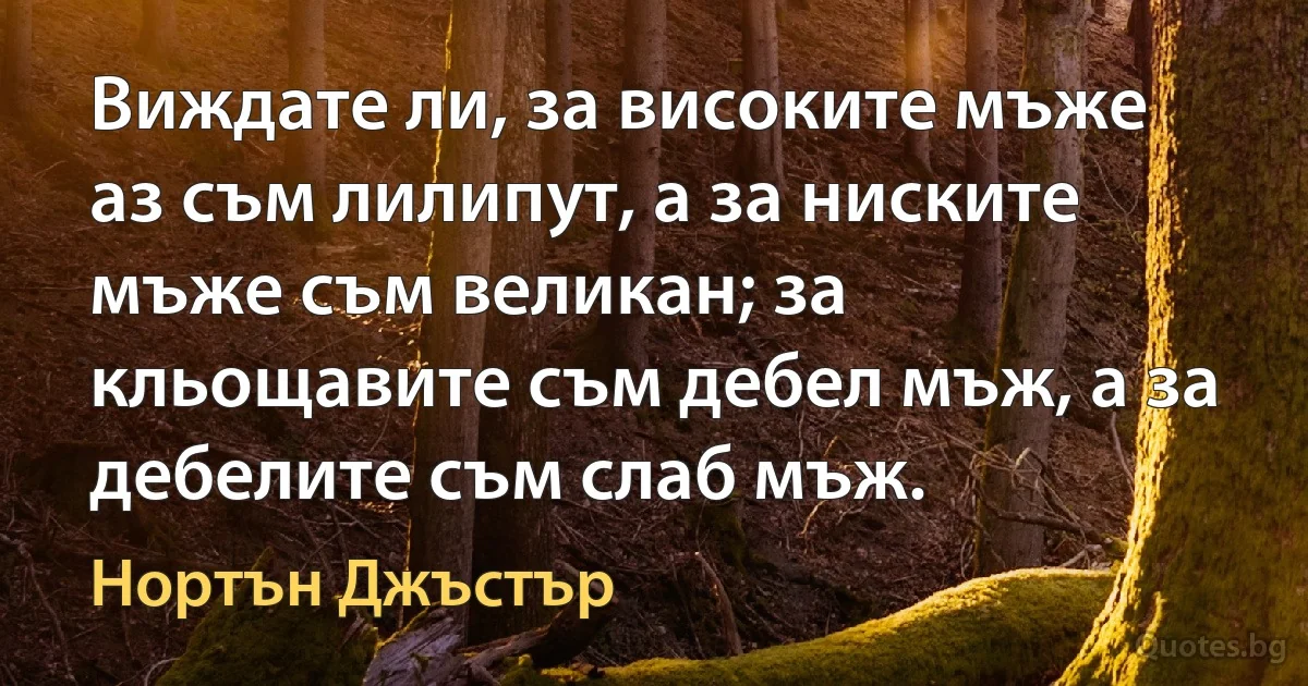 Виждате ли, за високите мъже аз съм лилипут, а за ниските мъже съм великан; за кльощавите съм дебел мъж, а за дебелите съм слаб мъж. (Нортън Джъстър)