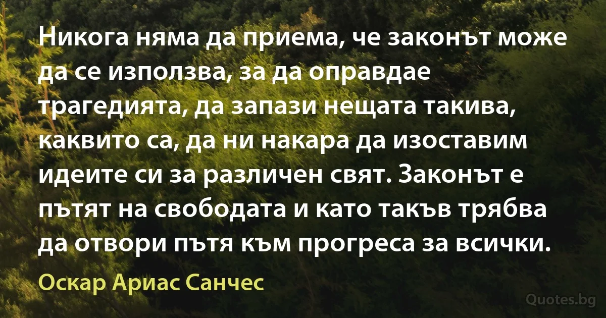 Никога няма да приема, че законът може да се използва, за да оправдае трагедията, да запази нещата такива, каквито са, да ни накара да изоставим идеите си за различен свят. Законът е пътят на свободата и като такъв трябва да отвори пътя към прогреса за всички. (Оскар Ариас Санчес)