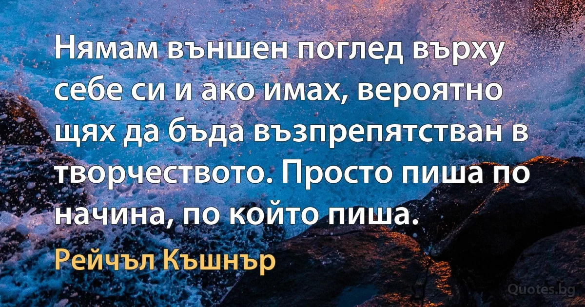 Нямам външен поглед върху себе си и ако имах, вероятно щях да бъда възпрепятстван в творчеството. Просто пиша по начина, по който пиша. (Рейчъл Къшнър)