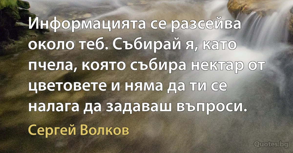 Информацията се разсейва около теб. Събирай я, като пчела, която събира нектар от цветовете и няма да ти се налага да задаваш въпроси. (Сергей Волков)