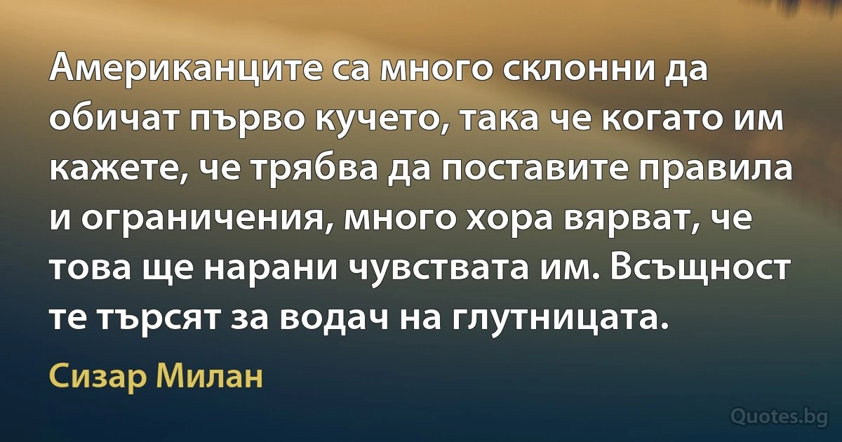 Американците са много склонни да обичат първо кучето, така че когато им кажете, че трябва да поставите правила и ограничения, много хора вярват, че това ще нарани чувствата им. Всъщност те търсят за водач на глутницата. (Сизар Милан)