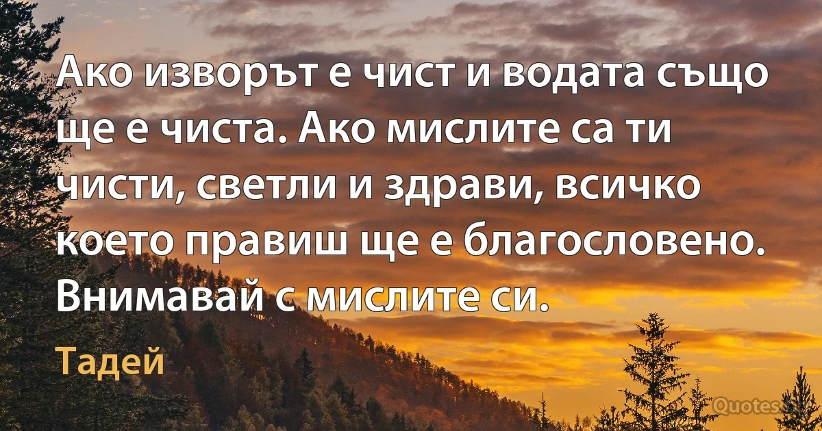 Ако изворът е чист и водата също ще е чиста. Ако мислите са ти чисти, светли и здрави, всичко което правиш ще е благословено. Внимавай с мислите си. (Тадей)