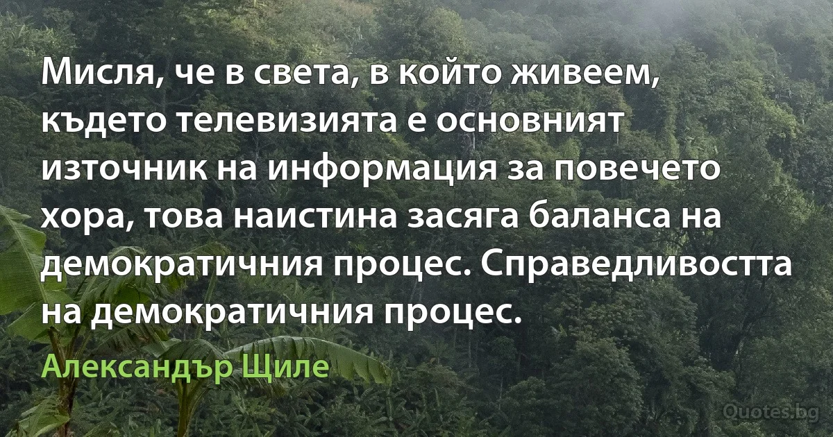 Мисля, че в света, в който живеем, където телевизията е основният източник на информация за повечето хора, това наистина засяга баланса на демократичния процес. Справедливостта на демократичния процес. (Александър Щиле)