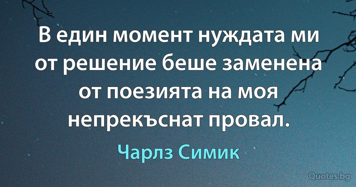 В един момент нуждата ми от решение беше заменена от поезията на моя непрекъснат провал. (Чарлз Симик)